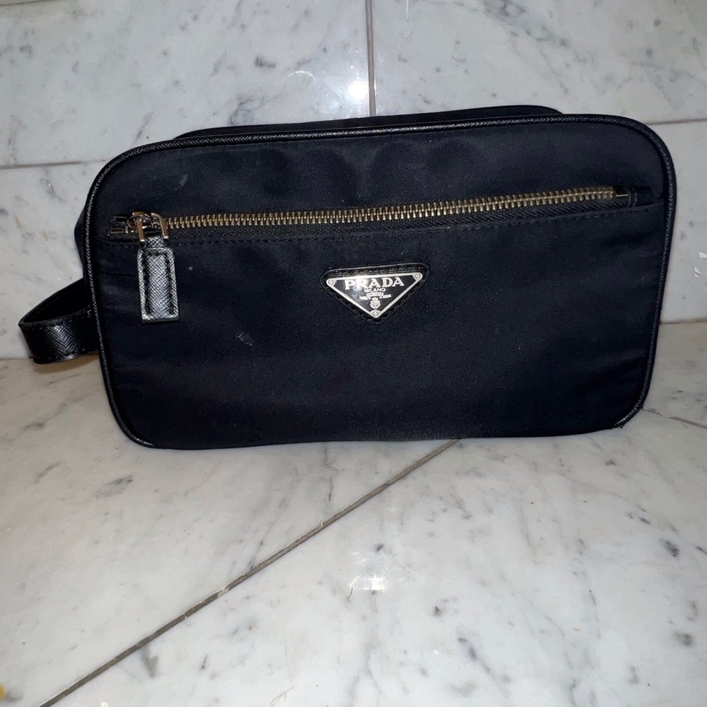 Prada Black Toiletry Bag for Men Re-Nylon and Saffiano leather travel pouch